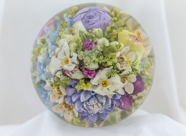 Wedding flowers preserved in glass paperweight by Flower Preservation Workshop
