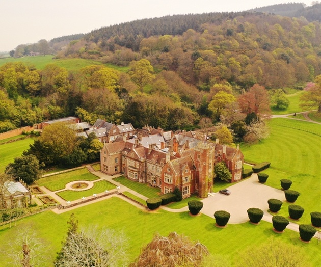 Drone shot of St Audries Park wedding venue with gardens