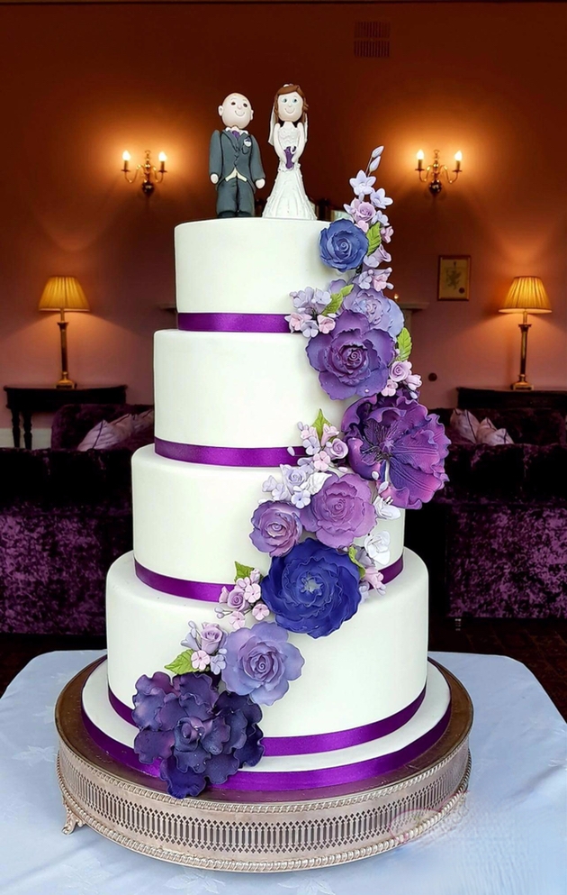 Wedding cake with purple colour scheme and personalised cake topper.