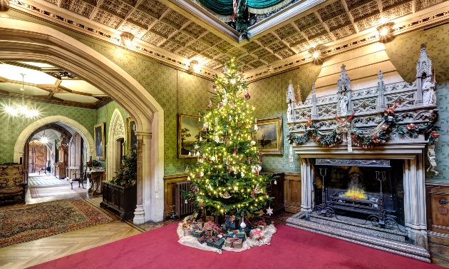 Christmas tree next to a decorated fireplace