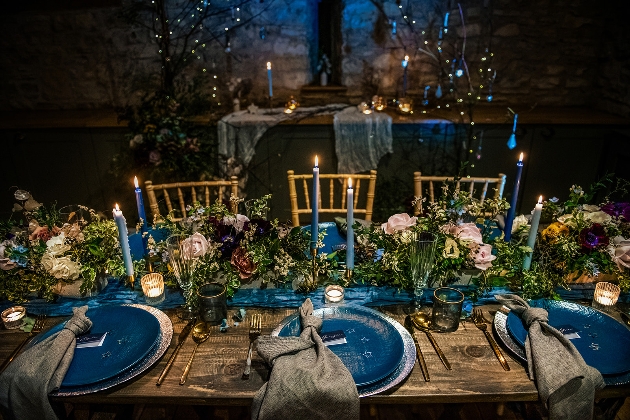 celestrial dream wedding tablescape, blue plates and candles