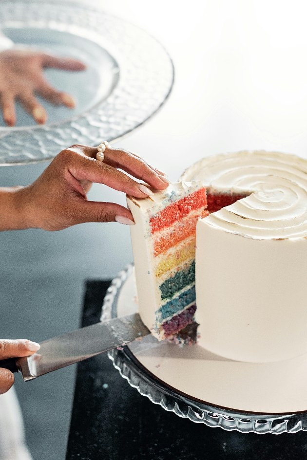 single tier wedding cake with hidden rainbow sponge layers