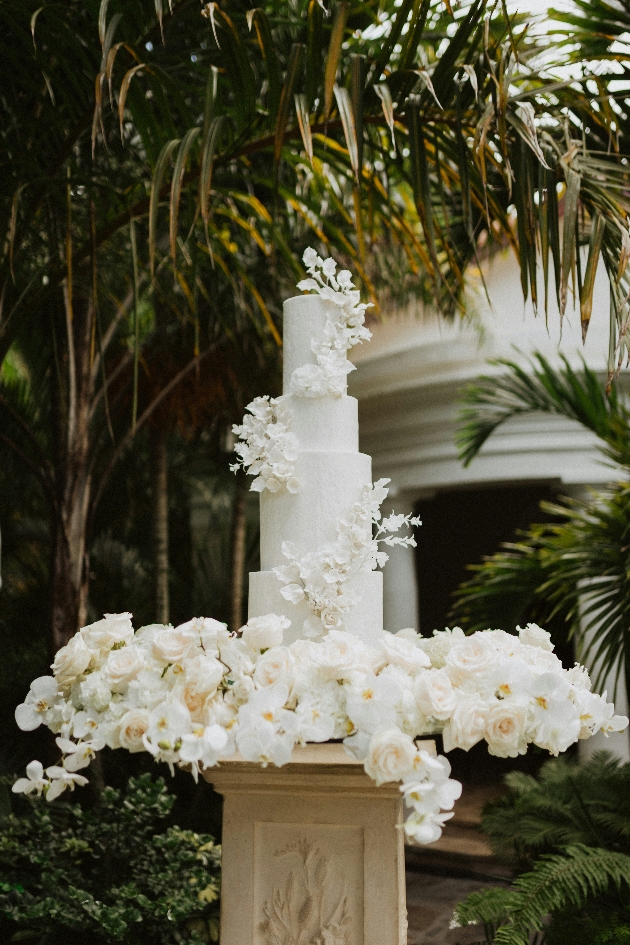 white wedding cake with multiple tiers.