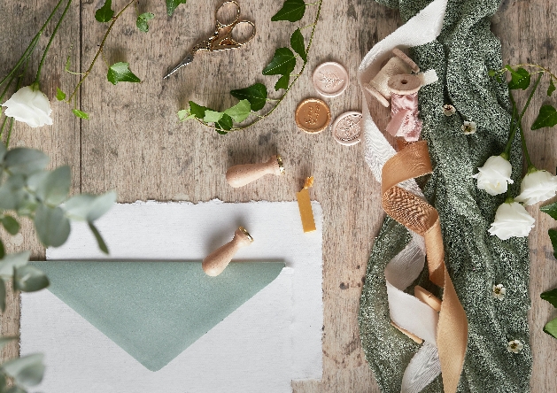 wedding stationery sage theme wax seals and ribbons