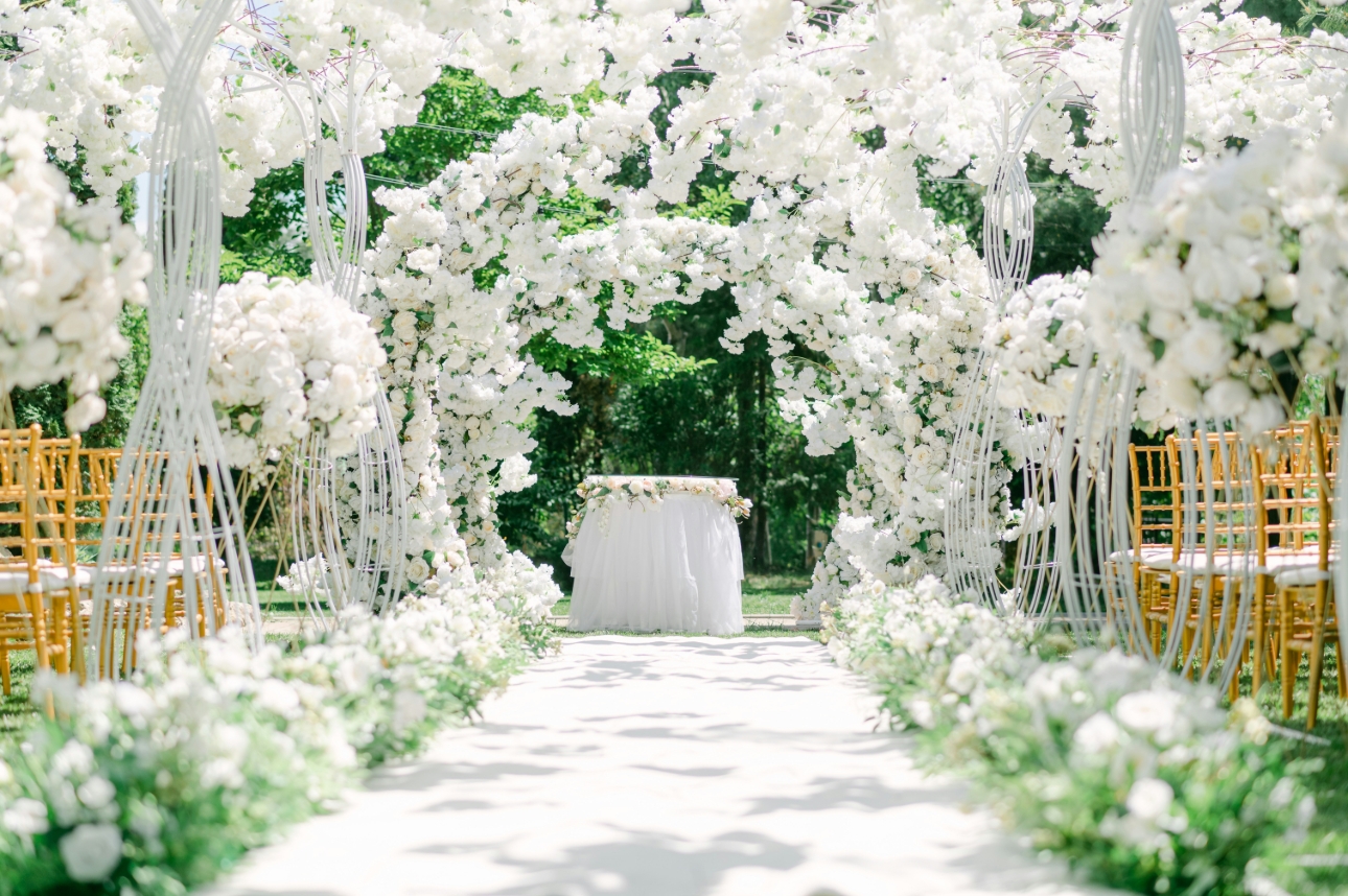 ceremony set up with lots of white flowers